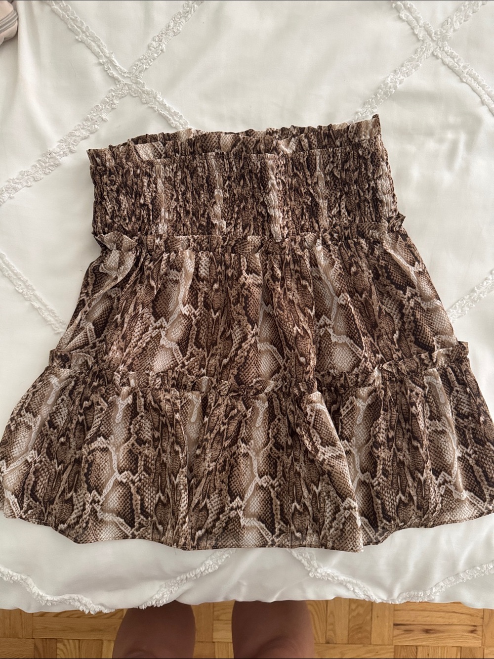 Storia Brown Snake-Print Smocked Tiered Mini Skirt